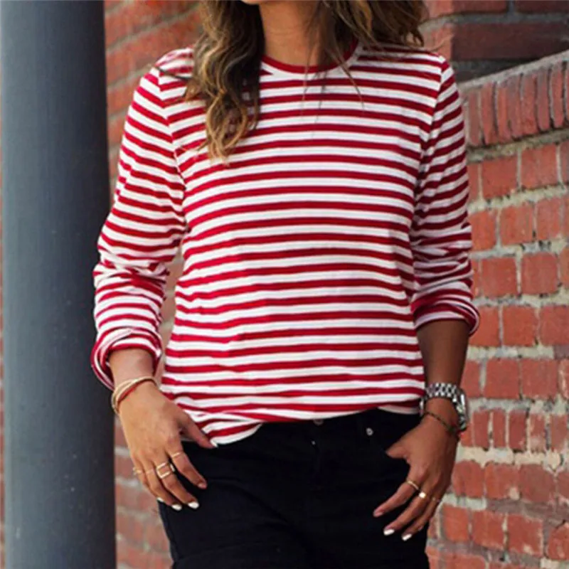 Retro Red White Striped T-Shirt For Women Summer Autumn Long Sleeve Basic Tee Women Casual T shirt Women