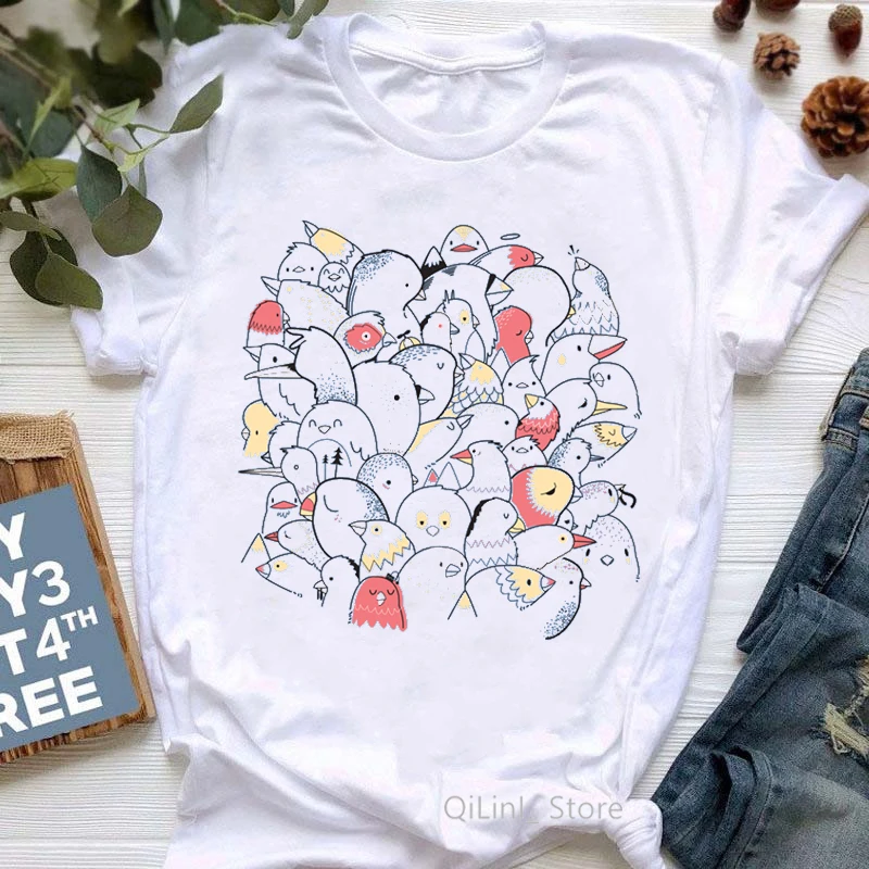 

Cute Bird Lady Print Casual Tees New Fashion Summer Women t-shirt Year of the Birds Watercolor T Shirt Femme Novelty Punk Tops