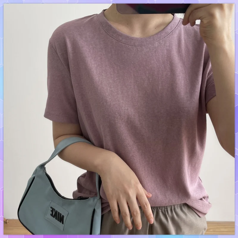 

Solid T-shirt Cotton And Linen Women's Tee Shirt Short-sleeved Loose T-shirts 2021 Summer Korean Tshirt Femme Round Neck Tops