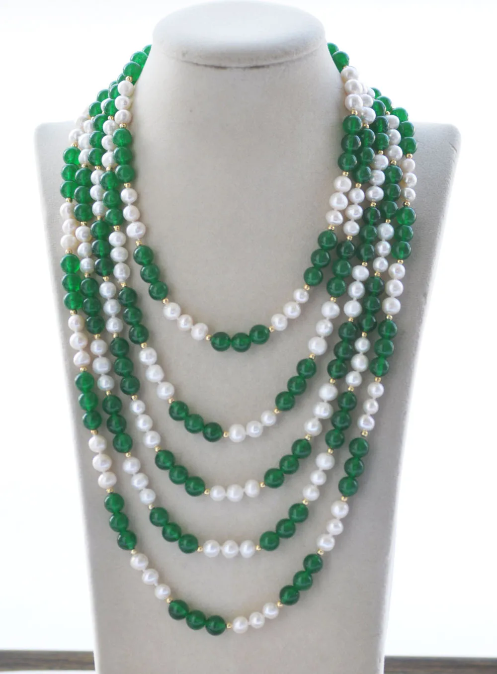 

MCT·STAR Z10882 50"-100" 8mm Round White Pearl Green Jade Necklace