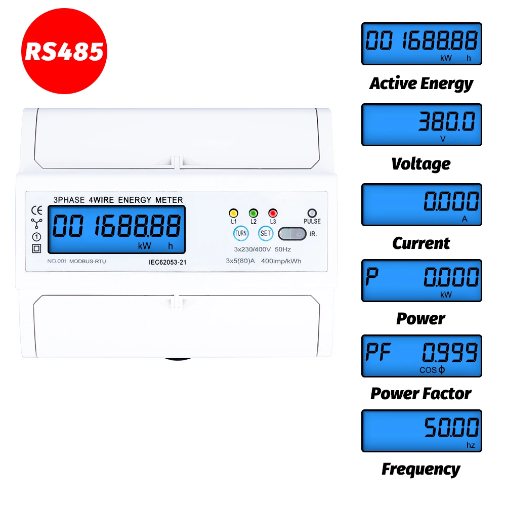 

3 Phase 4 Wire RS485 Modbus 380V 80A DIN Rail Energy Meter Digital Backlight Power Factor Monitor with Voltage Current Display