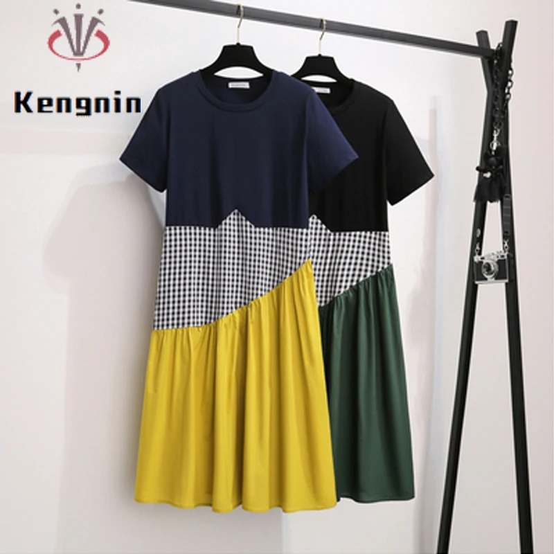 

Women's Clothing 2023 Summer Plus Size 4XL O-Neck Ladies Vestidos Summer Dresses Patchwork Female Loose Robe Dress KE1512