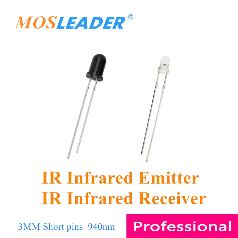 Mosleader 1000pcs 3mm 940nm LEDs IR Infrared Emitter and IR Infrared Receiver diodes Transparent Black Short pins Round top