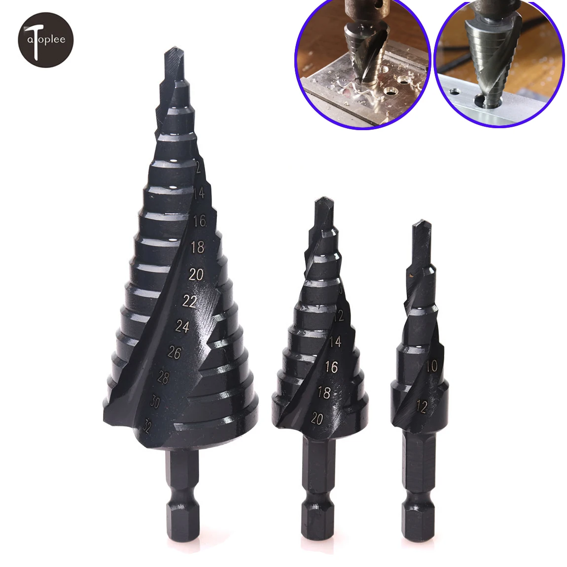 4-12/20/32mm HSS Step Cone Drill Bits Hex Shank Nitride Coated for Wood/Metal Hole Cutter Drill Spiral Groove Step Drill Bits