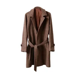 Men's Long Woolen Trench Coat Balmacen Hound's Tooth Cloak Classic Vintage Windbreaker Elegant Man Winter Clothes Streetwear