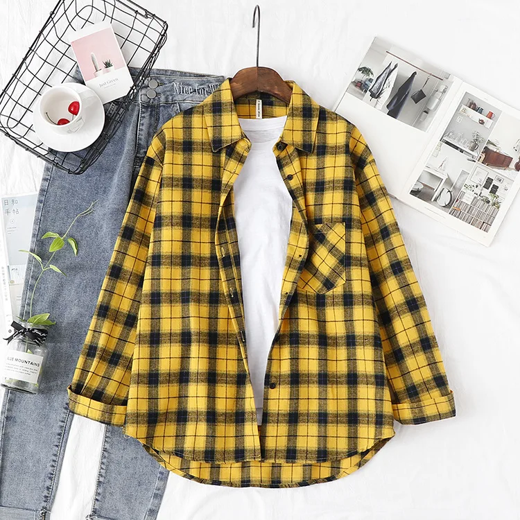 2024 New Loose Design Cotton Plaid Shirt Women Young Style Long Sleeve Blouses Casual Shirts Lady Tops Clothes Blusas