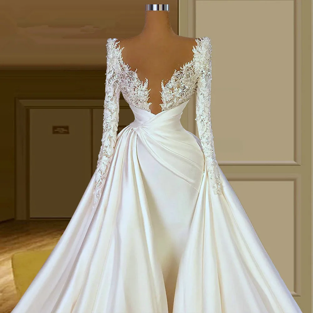 

Elegant Long Sleeve Wedding Dress 2021 Deep V Neck Satin Beaded Bridal Gowns Custom Made Luxury robes