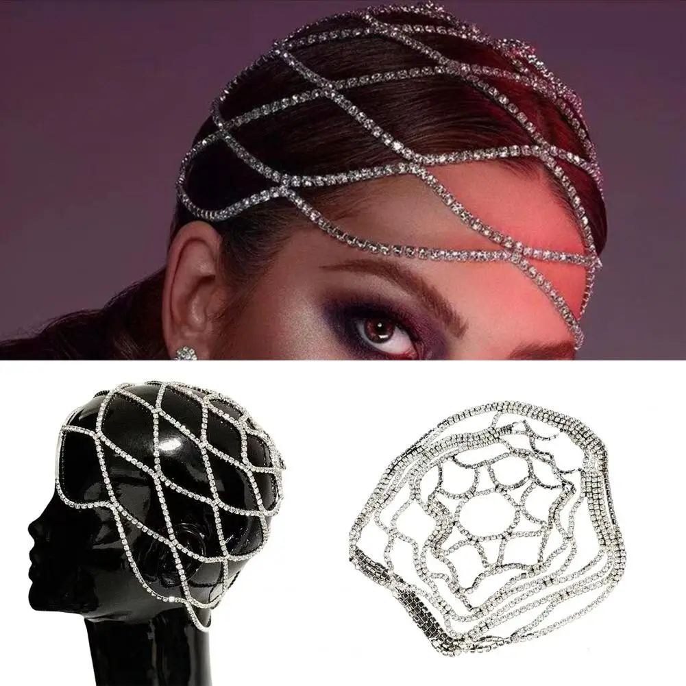 2021 Hollow Rhinestone Mesh Headpiece Wedding Head Chain Jewelry for Women Luxury Crystal Headband Head Cap Hat Hair Accessories