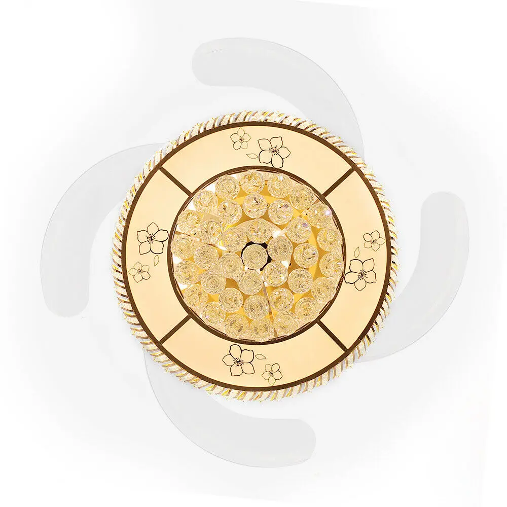 OUKANING Modern Retractable Crystal Ceiling Fan with Light and Remote Control LED Ceiling Light Chandelier Ceiling Fan