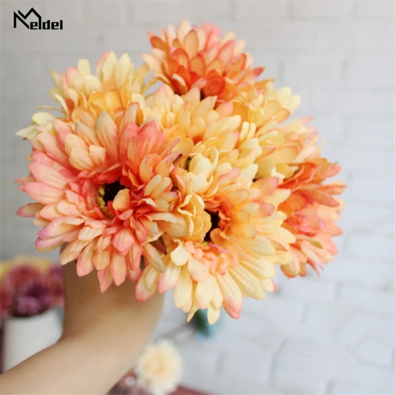 Meldel Wedding Flower Bouquet Gerberas Artificial Silk Daisy Flower Bridesmaid Accessories Marriage Bouquet DIY Home Decorations