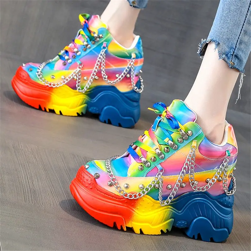 Spike Studded Fashion Sneakers Women Cow Leather High Heels Motorcycle Ankle Boots Female Platform Pumps Wedge High Heels