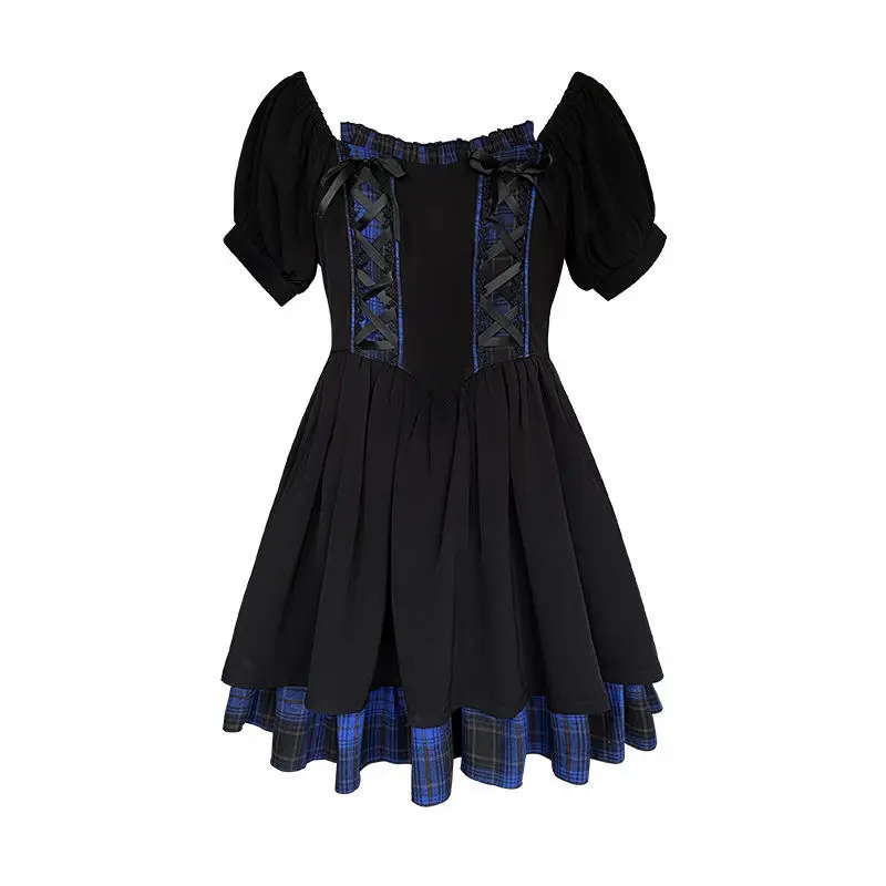 Robe Lolita à manches bouffantes pour filles, tenue d'été, moulante à la taille, amincissante, Patchwork