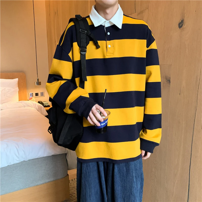 Autumn All-Match Casual Striped Loose Long Sleeve Men Polo T Shirts Fashion Lapel Black Yellow Oversized Punk Streetwear Clothes