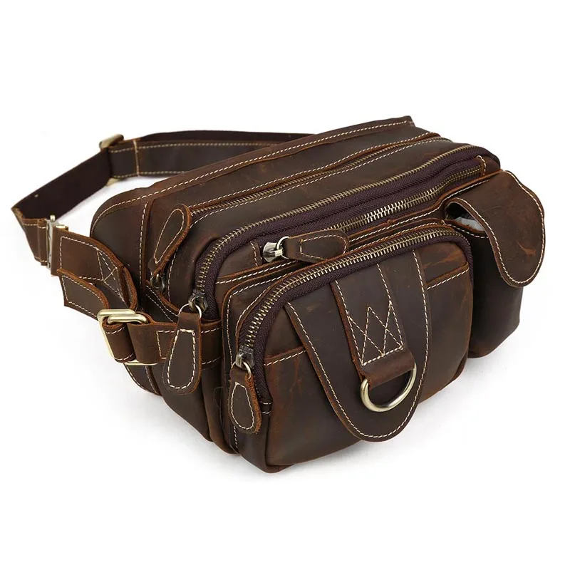 Luufan Mens Cow Leather Waist Bag Packs Vintage Fanny Pack Bum Bag Day Pack Hip Belt Bags Large Capacity Pillow Chest Pack Brown