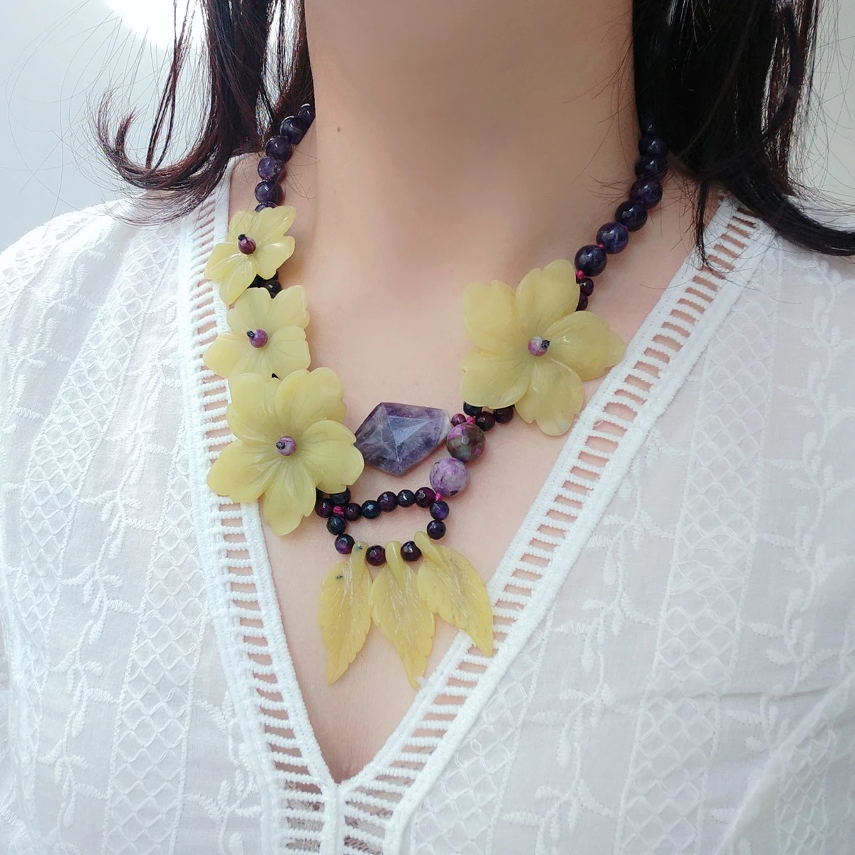 Lii Ji Real Stone Purple Yellow Necklace Amethysts Lemon Jades Statement Necklace 52cm Women Jewelry Gift