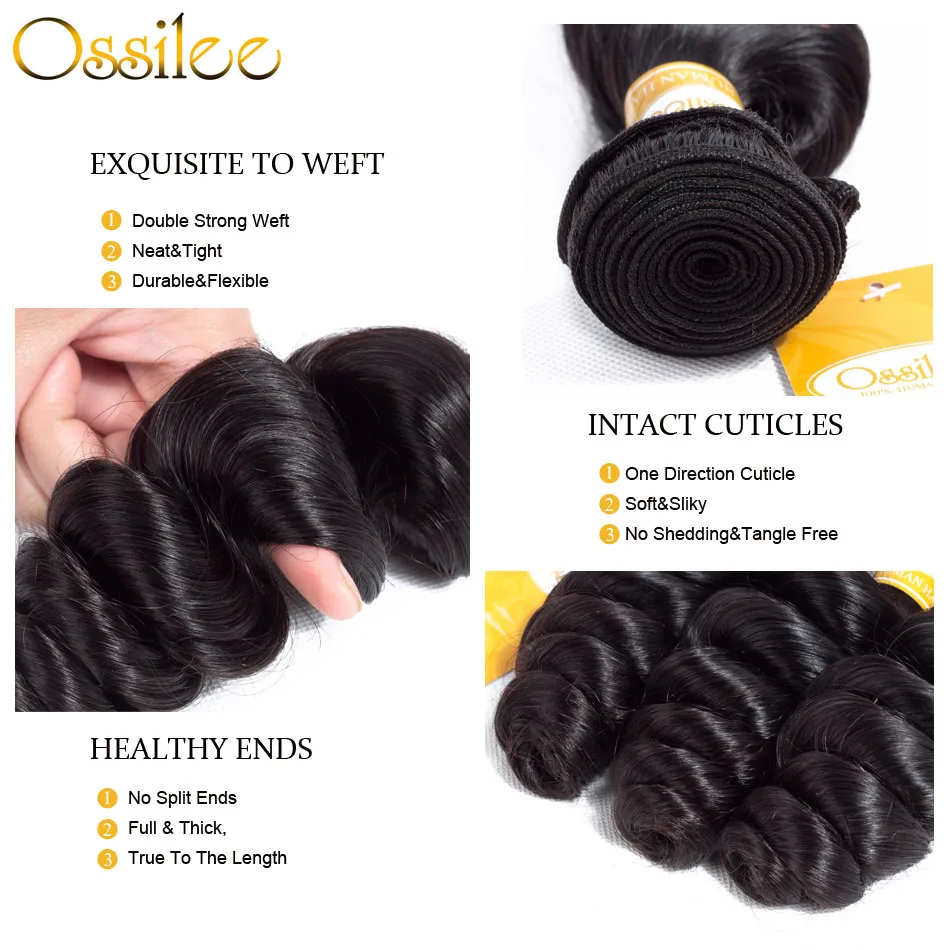 Ossilee Peruvian Hair Bundles With Closure Loose Wave Bundles With Closure Remy Human Hair 3/4 Bundles With Closure