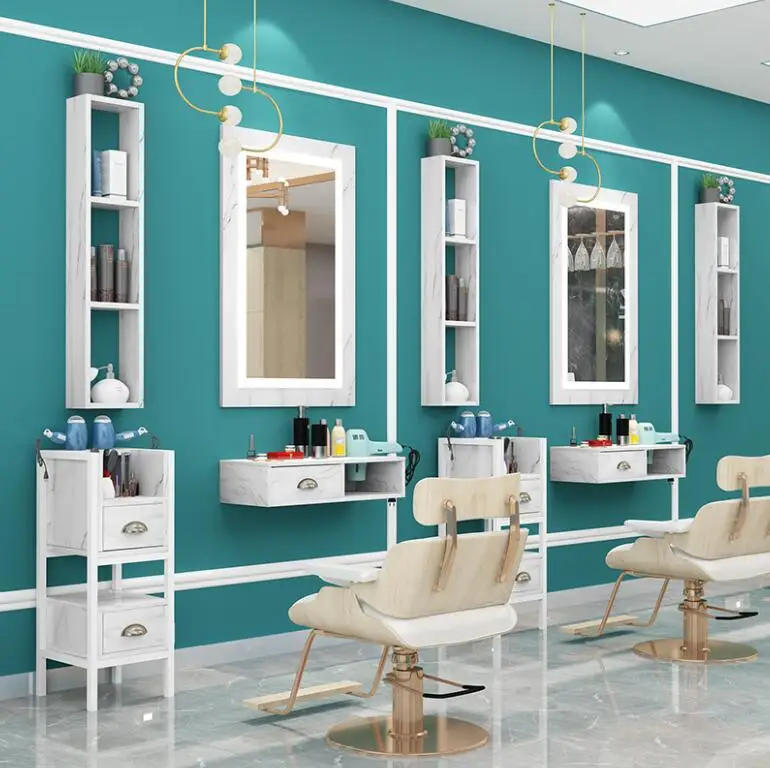 Hairdressing mirror wall-mounted solid wood cabinet one trendy style hair salon mirror LED lamp marble hot dyed mirror