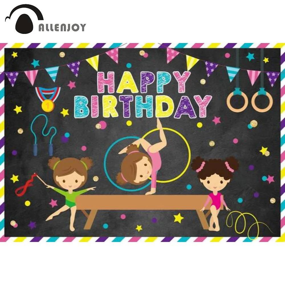 Allenjoy Happy Birthday Gymnastics Party Backdrop Jump Flip Flags Blackboard Shiny Stars Dots Decoration Background Photocall