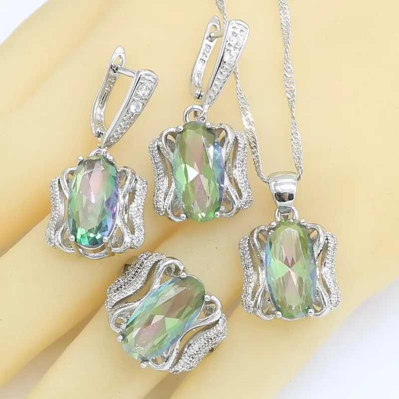 Silver Color Jewelry Sets for Women Rainbow Multi Color Topaz Bracelet Earrings Rings Necklace Pendant Gift Box