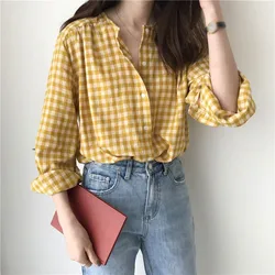 Autumn Women  Round Neck Plaid Loose Sweet Casual Long-sleeved Shirt Chic Plaid Gentle Blouses New Korean