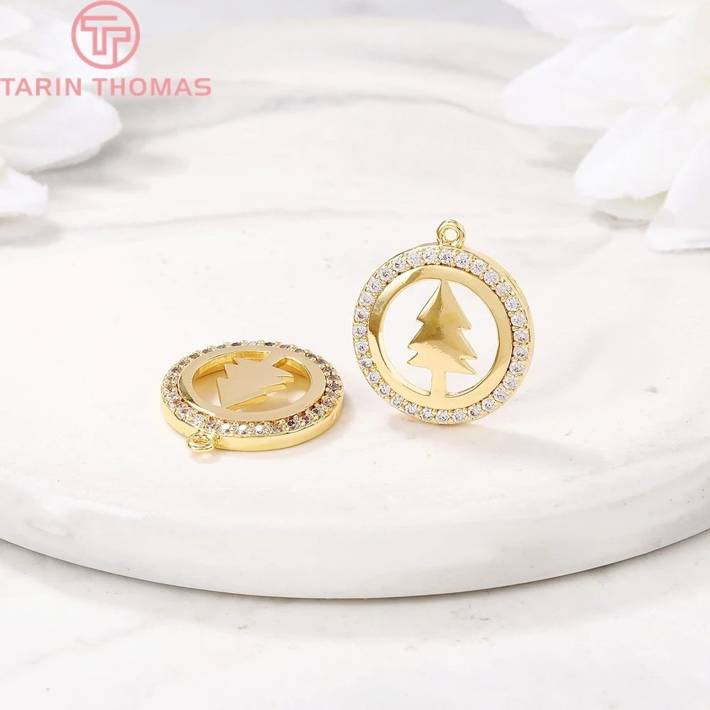 (886)2PCS 15MM 24K Gold Farbe Messing mit Zirkon Runde mit Baum Charm Anhänger für DIY Schmuck Machen erkenntnisse Zubehör