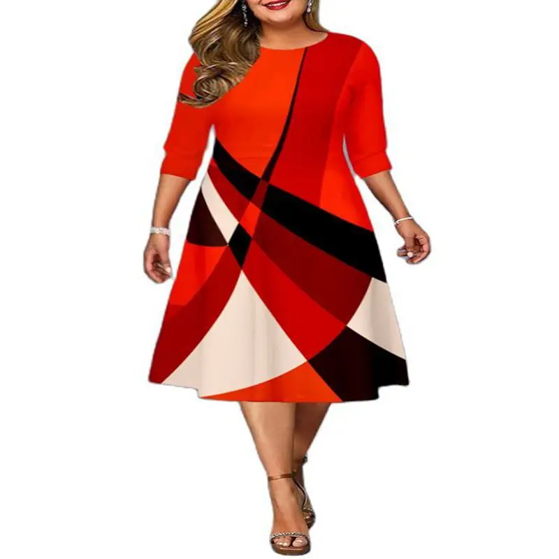 Casual Dress for Ladies, Round Neck, Digital Positioning Printing, Cropped Sleeve, Plus Size, 8XL, 7XL, 6XL, Summer, New Fashion