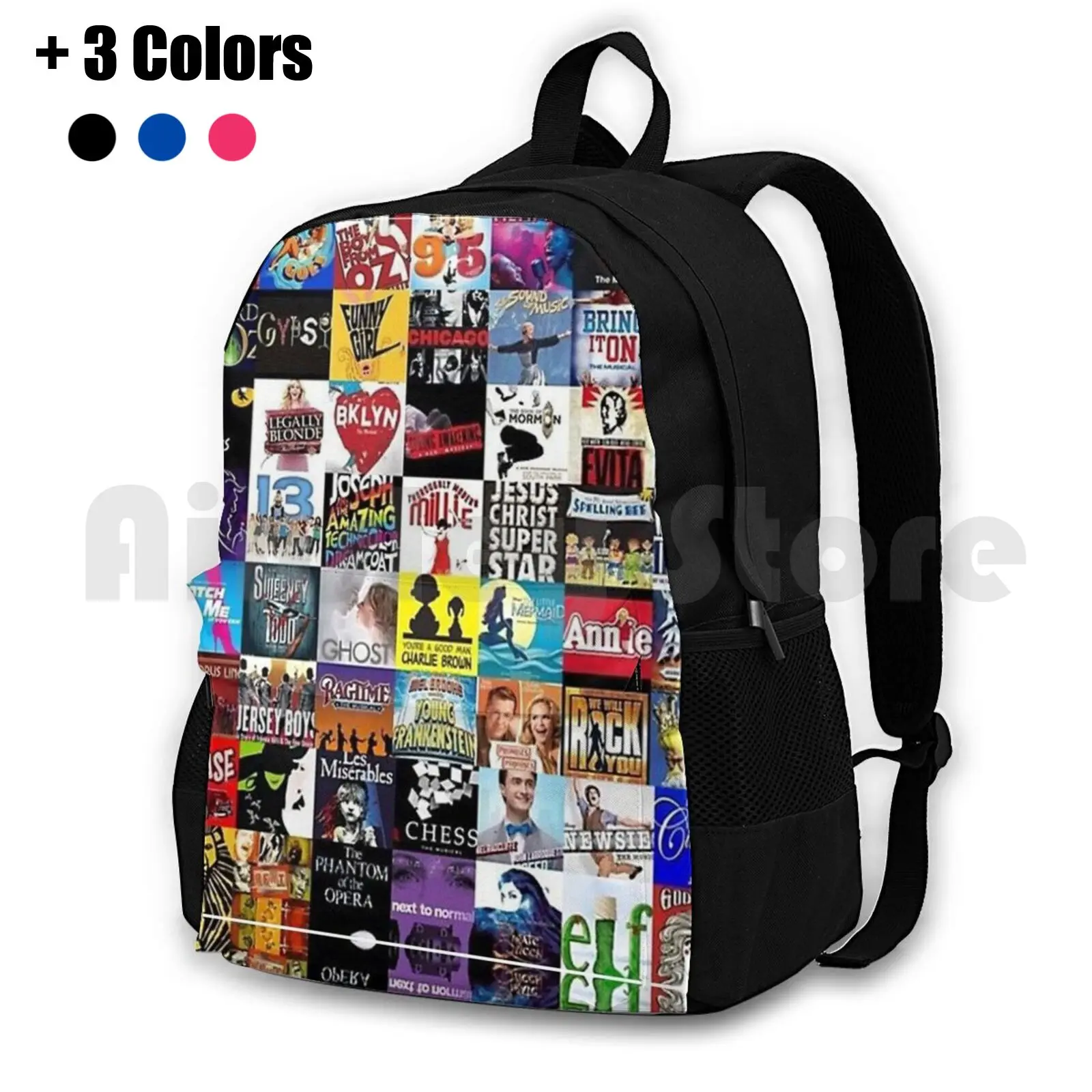 Musicals Collage Leggings Outdoor Hiking Backpack Waterproof Camping Travel Musicals Broadway Lion King The Musical Elf The