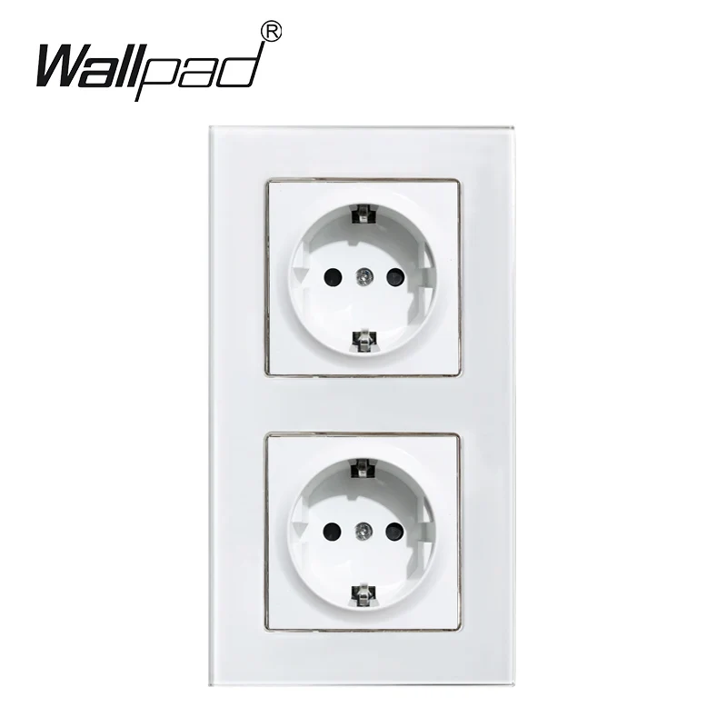 Vertical EU Schuko Socket Wallpad White Crystal Glass Panel 110V-250V Double Schuko Wall Power Socket EU with Claws Clips