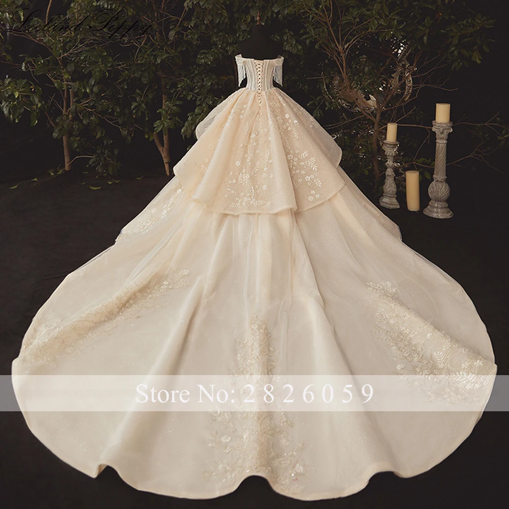 Lceland Poppy Customized Off the Shoulder Ball Gown Wedding Dresses Illusion Beaded Lace Bridal Gowns with Cathedral Train
