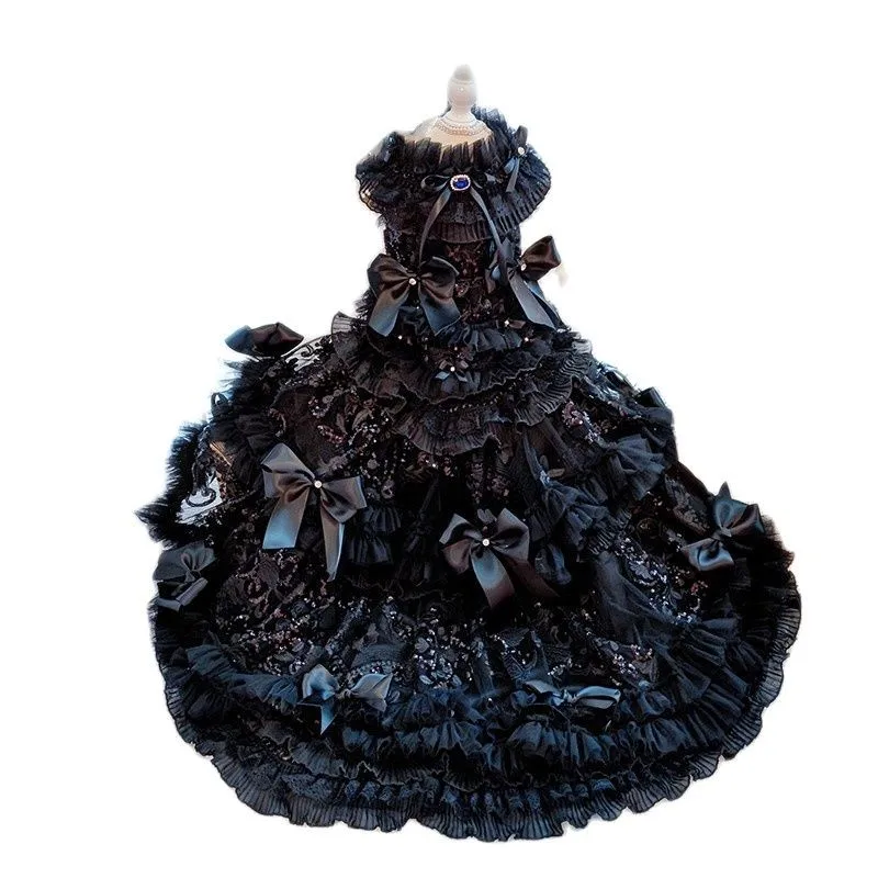 

High-end Handmade Dog Clothes Pet Supplies Trailing Dress Classic Black Gown Lace Tulle One Piece Exquisite Bow Knot Accessories