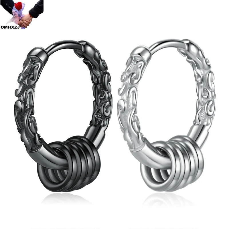 OMHXZJ EA977 New trendy gold hoop individuality single hip hop silver-plated men's and women's earrings