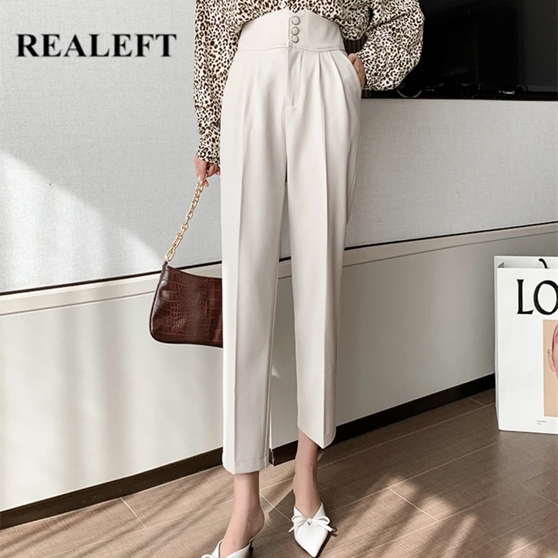 REALEFT 2021 New Autumn OL Style Button Women's Harem Pants High Waist Office Formal Elegant Ankle-Length Trouser Pockets Female