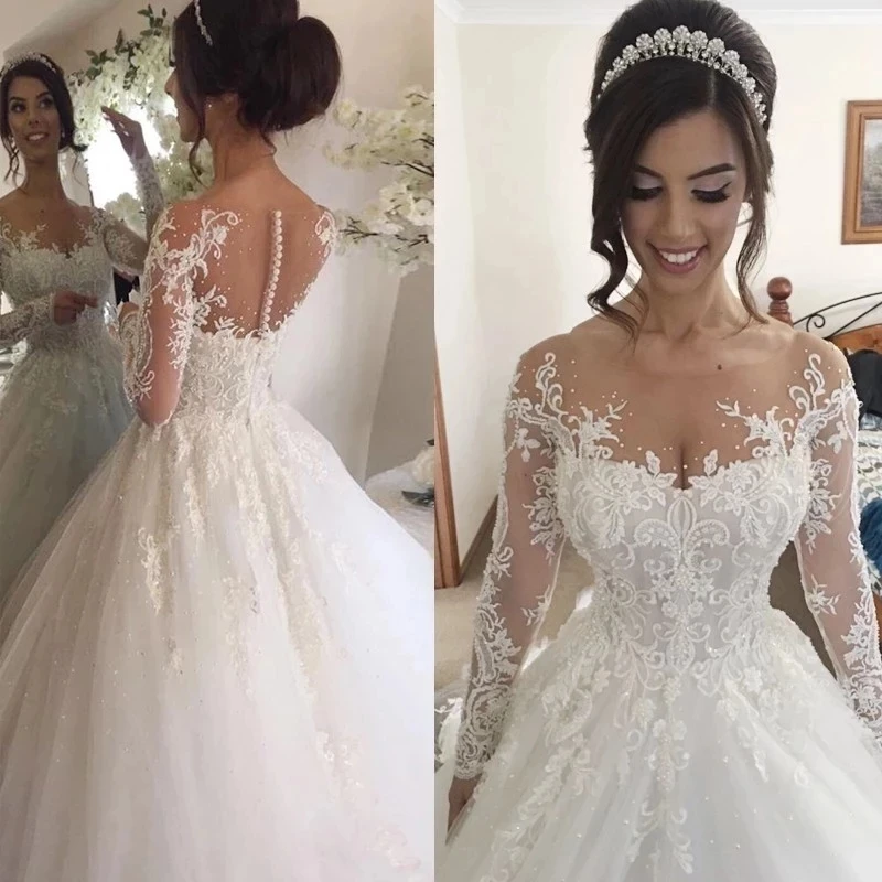 

ANGELSBRIDEP из прозрачной ткани Свадебные и Бальные платья Vestido De Noiva высокого качества с длинными рукавами и аппликацией из бисера с длинным шлейфом официальные свадебные платья