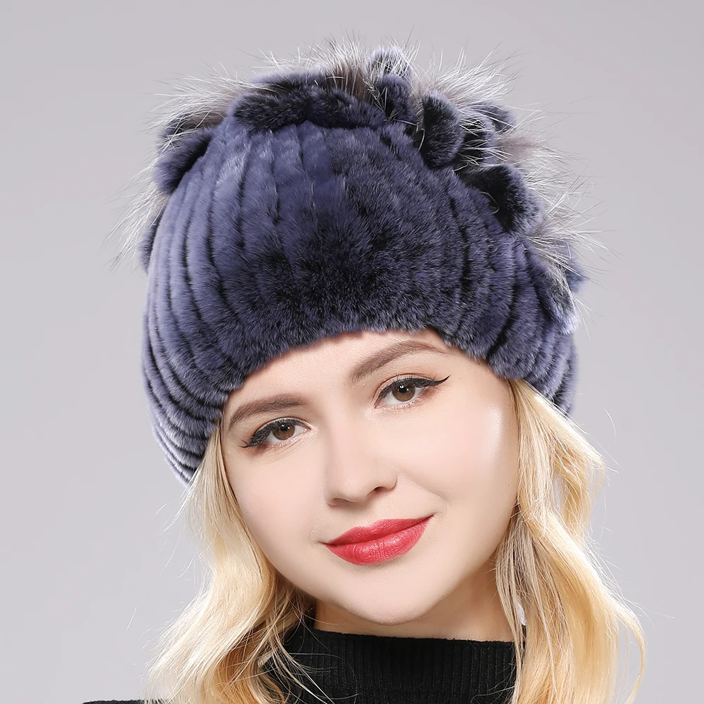 2024 Brand Women Genuine Rex Rabbit Fur Hats Winter Rex Rabbit Fur Beanies Striped Top Flower Fox Fur Warm Real Fur Knit Caps