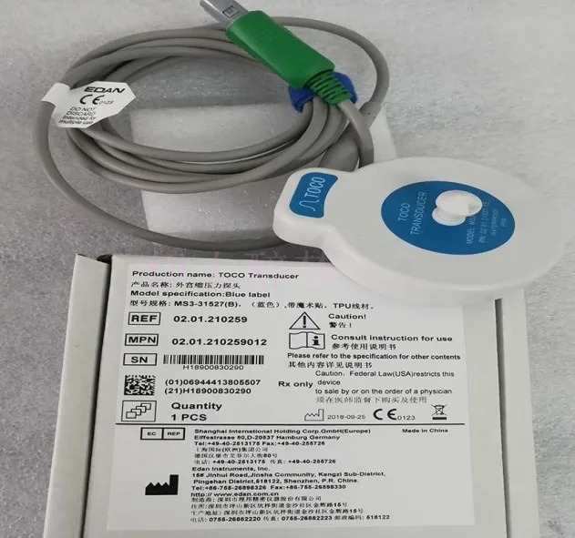 EDAN Original Fetal Prison Contractions TOCO Probe 6-pin Single Slot Blue With Velcro Cord 2.5 Meters Long