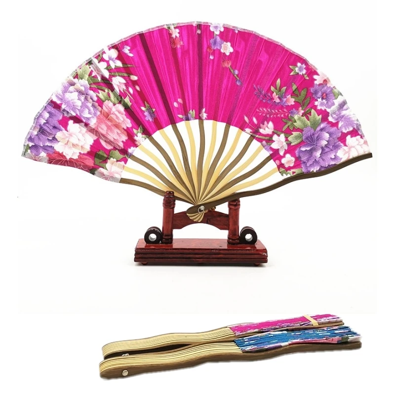 

50PCS Elegant Flower Design Dragon Shape Bamboo Frame Japanese Style Satin Silk Fabric Hand Held Fan For Ladies