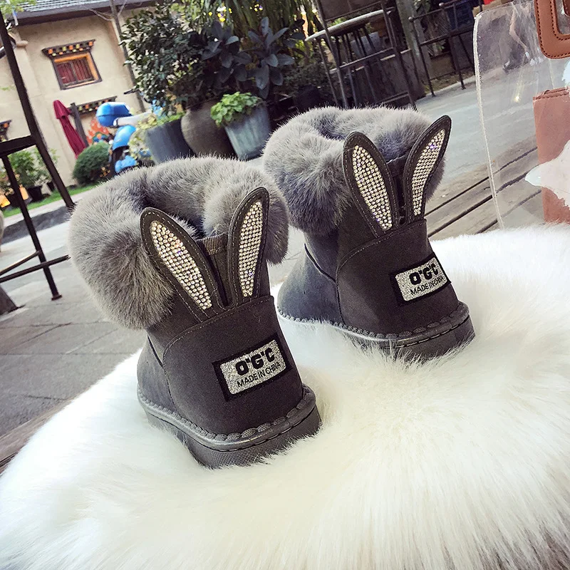 Fashion Faux Fur Winter Snow Boots Women\'s Flat Heel Ankle Boots Rhinestone Rabbit Ear Cotton Shoes Warm Women Boots WSH4263