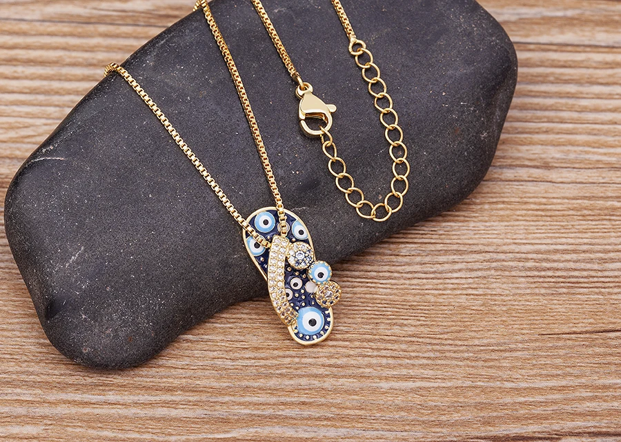 Nidin Mirco Pave CZ Rhinestone Enamel Slipper Pendant For Women Blue Evil Eye Necklace Chain Gold Plated Party Summer Jewelry