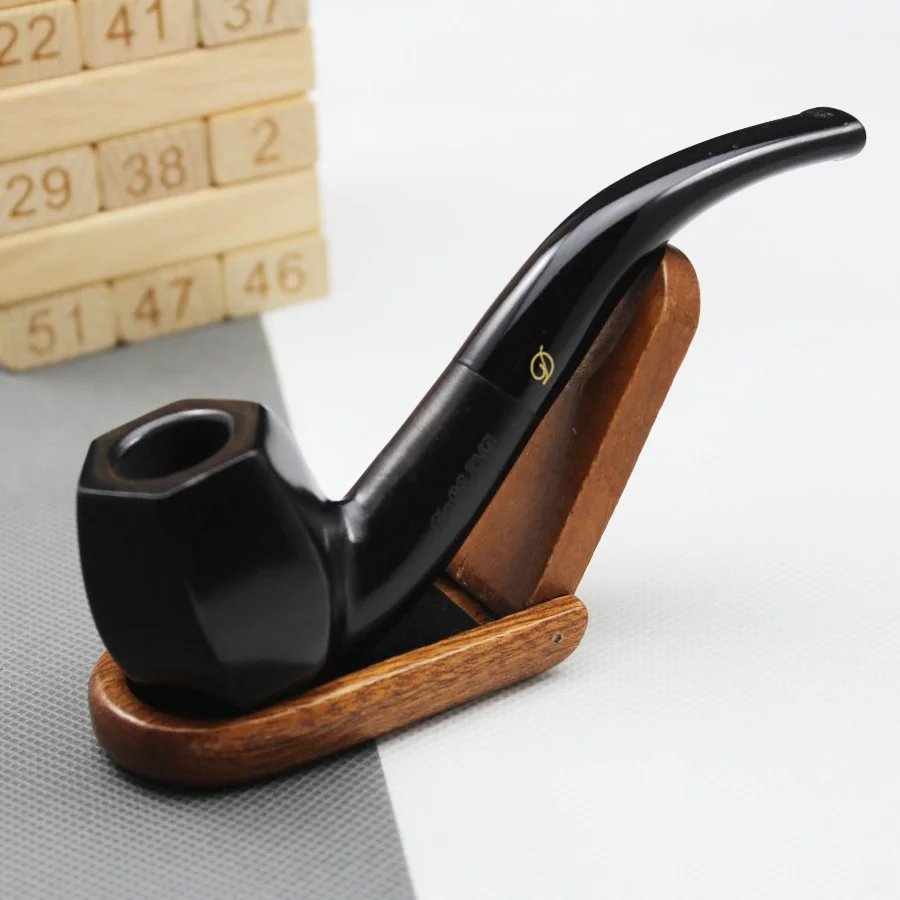 Handmade Nature Ebony Wood Bent Type Smoking Pipe Round Smoke Tobacco Wooden Pipe Gift 10pc 9mm Filters + Pouch + Holder #437S