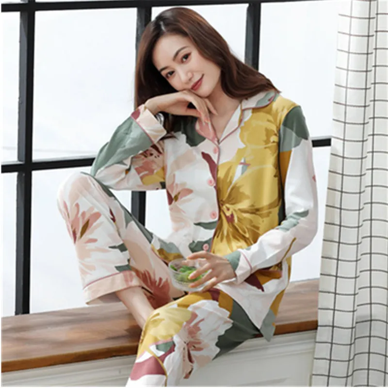 UHYTGF New Cotton Spring Autumn Pajamas Set Women Fashion Printing Two-Piece Comfortable Thin Sleepwear Loose Nightwear Suit1858