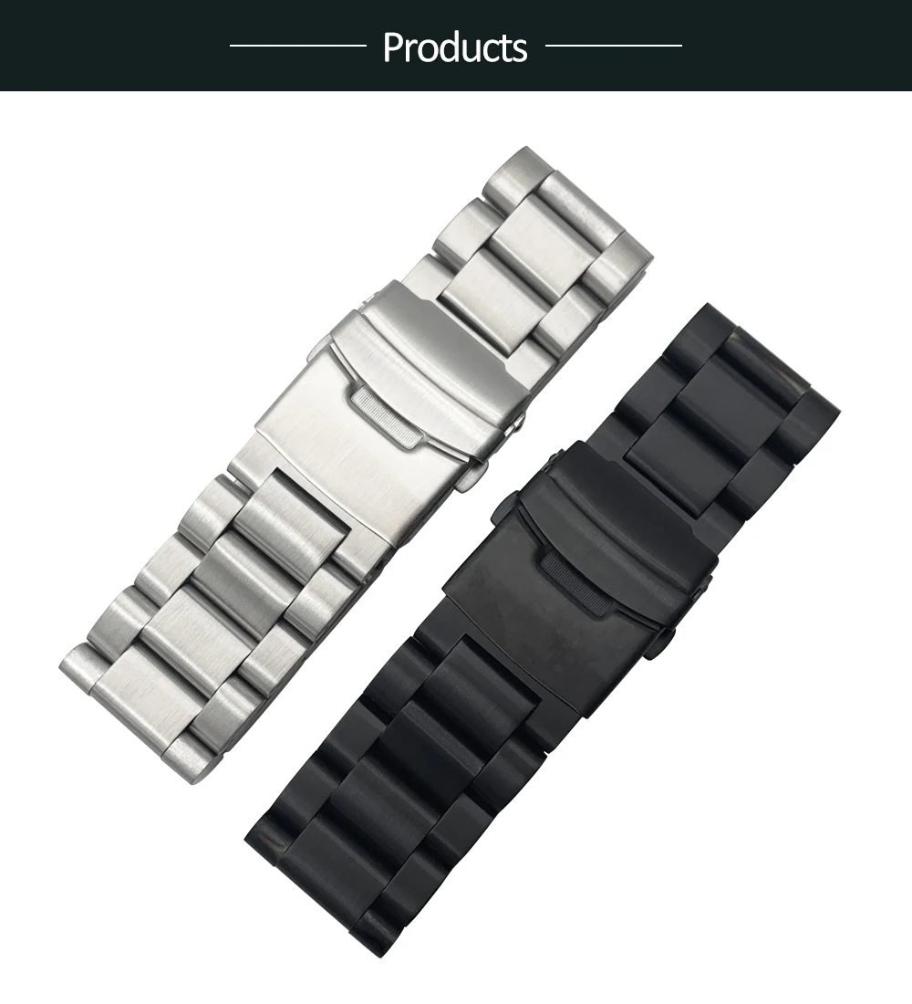 Heavey stainless steel watch strap for Samsung Casio trapezoidal Three beads solid diving watch Double insurance buckle strap