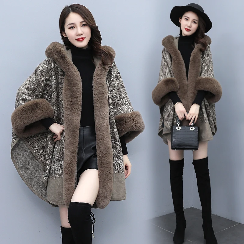 Autumn Winter Faux Fur Woolen Cloth Shawl Cape Poncho Thickened Women Mid-length Korean Cashmere Hooded Ladies Cape Coats