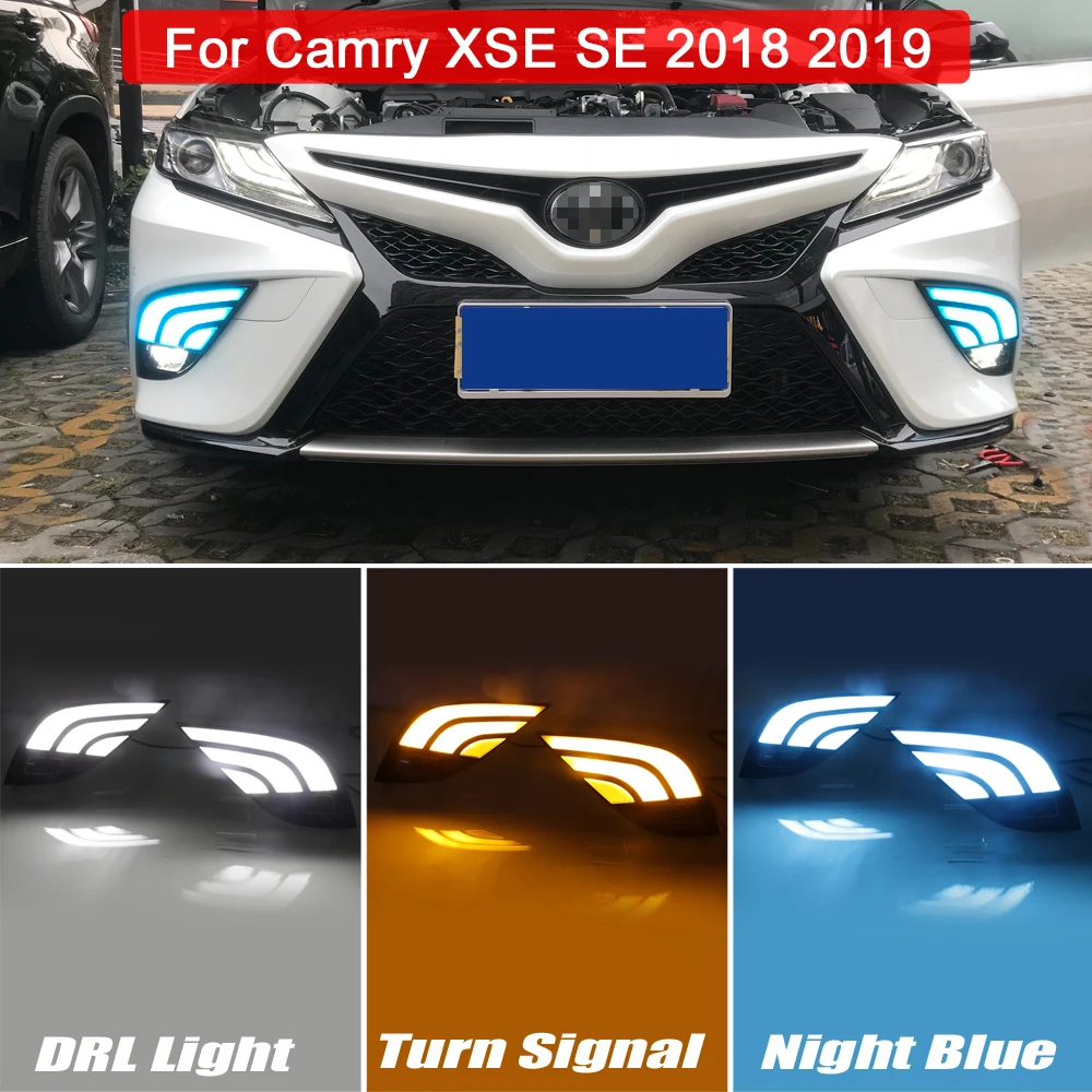 

LED Fog Lamp White DRL Daytime Light Blue Night Driving Light Dynamic Amber Turn Signal Light For Toyota Camry XSE SE 2018 2019