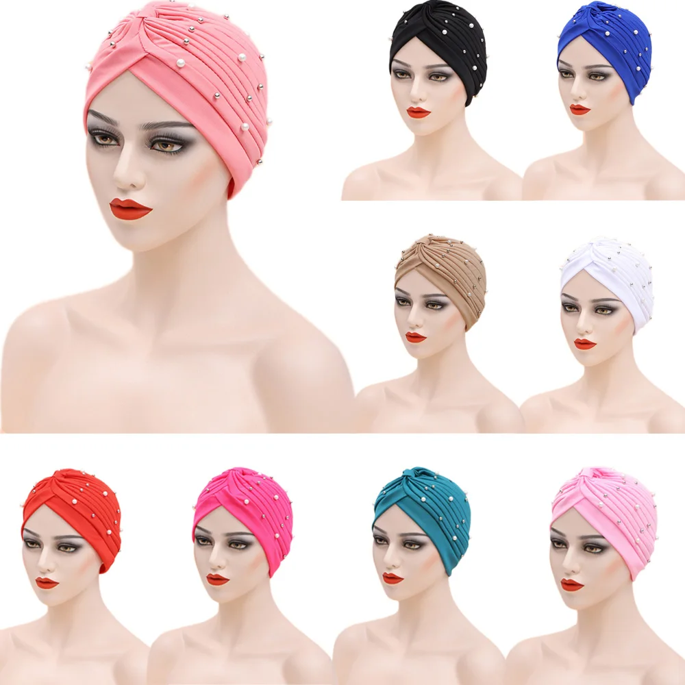 Baru Muslim wanita Hijab Turban manik-manik Underscarf tulang Bonnet lipit topi Chemo penutup rambut rontok India Beanie kepala bungkus Headwear