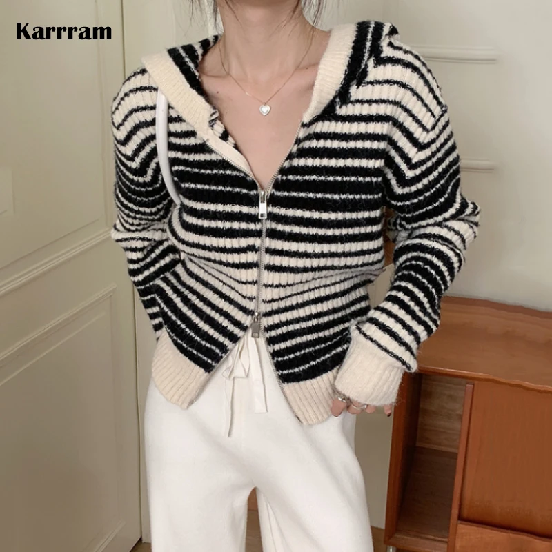 Karrram Vintage Stripe Hoodes Cardigans Double Zipper Women Chic Knitwear Autumn Ladies Cashmere Jacket Elegant Sweater Korean