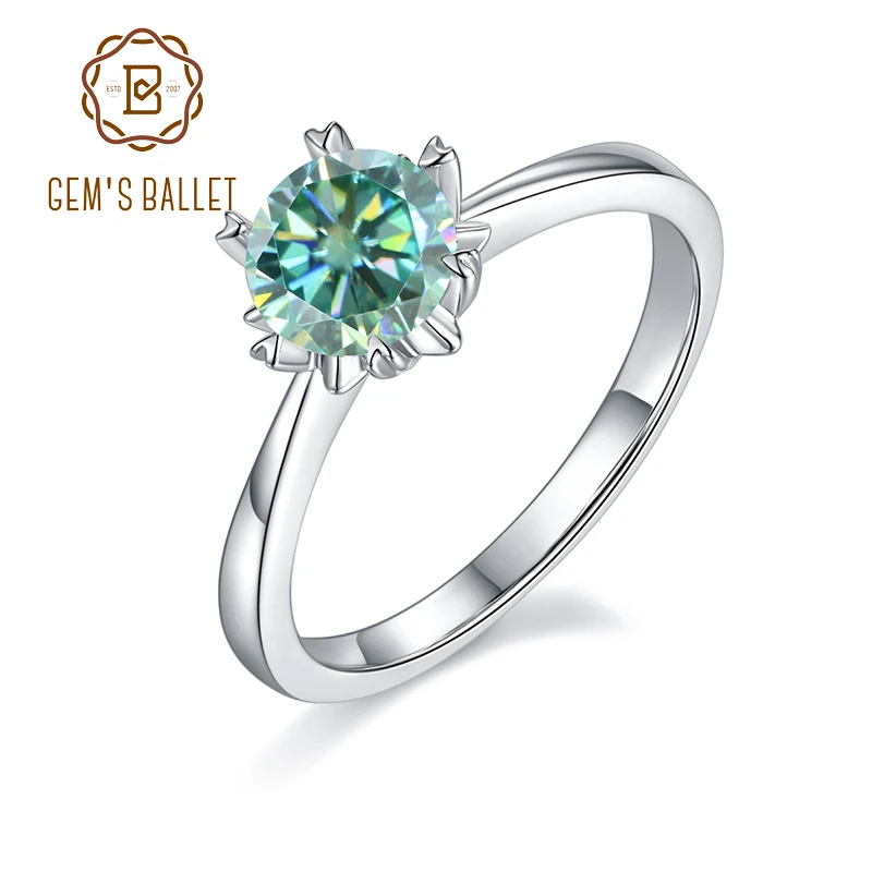 GEM'S BALLET 925 Sterling Silver 1ct Green Moissanite Finger Ring For Women Luxury Wedding Anniversary Engagement Jewelry Gift