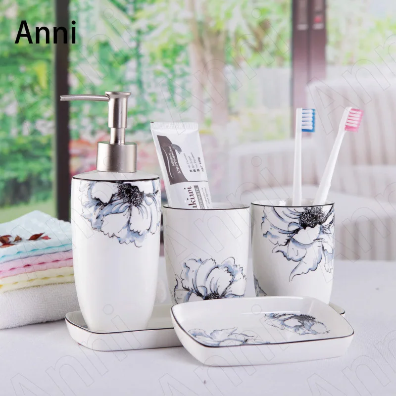 Creative Ink Flower Decorative Bathroom Accessories Set Ceramic Nordic Modern Five Piece Set Shower Accessories Home Decoration