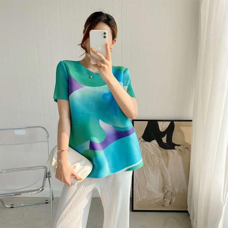 

Pleated Short Sleeve Print Top 2021 Summer New Green Round Neck T-shirt With Thin And Foreign Style