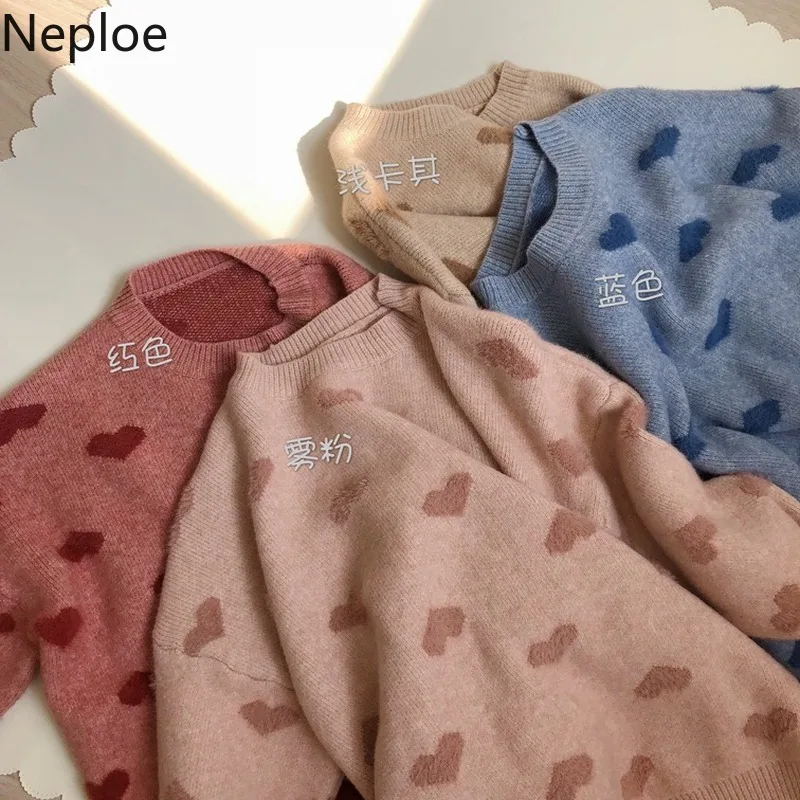 Neploe Imitation Water Velet Print Winter Clothes Pink O Neck Pullover Heart Pattern Sweater Women Warm Long Sleeve Sueter 47733