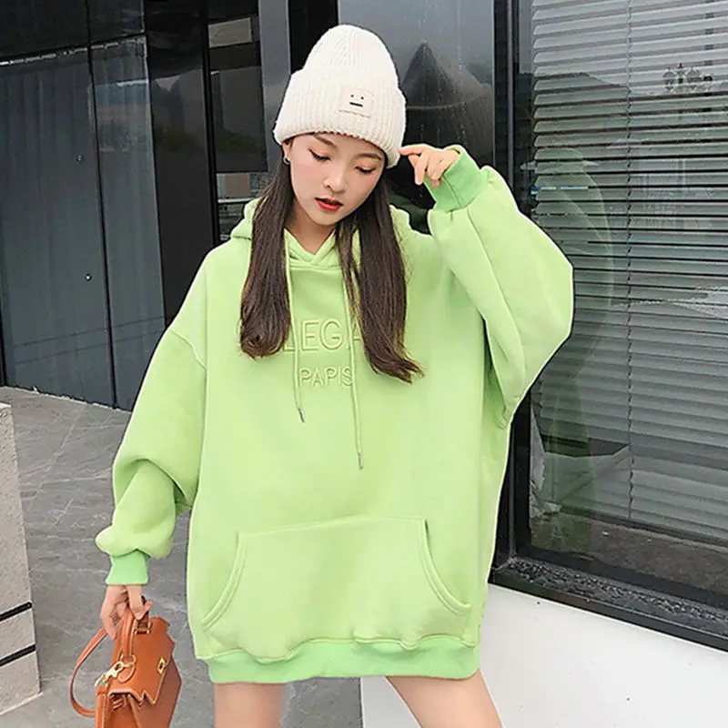 Women\'s sweater plus velvet thickening 2021 autumn and winter new Korean style loose hooded mid-length style